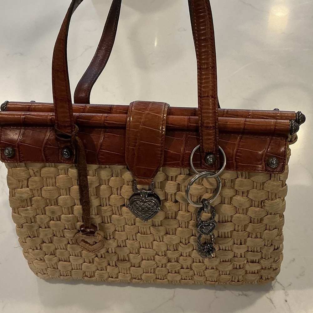 Brighton Woven Straw Tote with Brown Leather Trim and Heart Charms